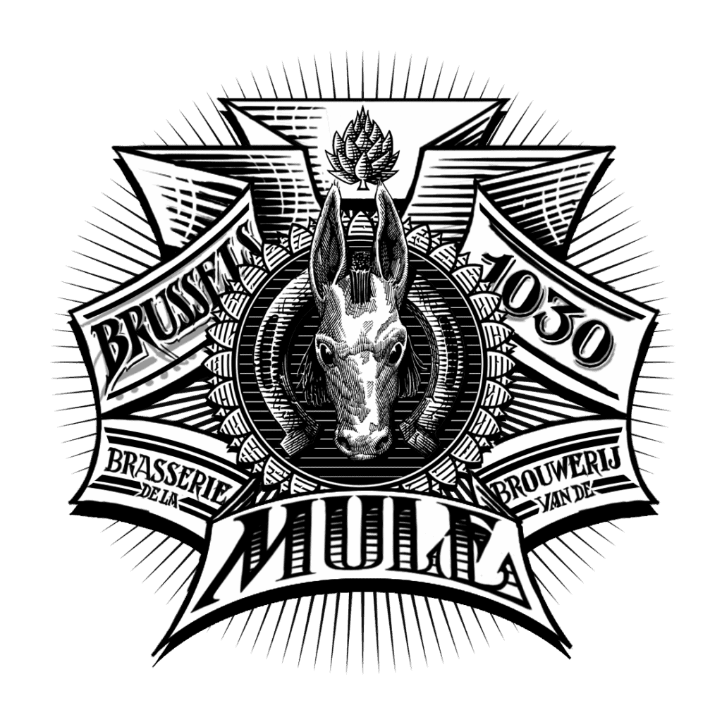 Un emblème artistique avec un âne au centre, représentant la brasserie belge Melodiggerz à Bruxelles 1050, avec des éléments graphiques détaillés.