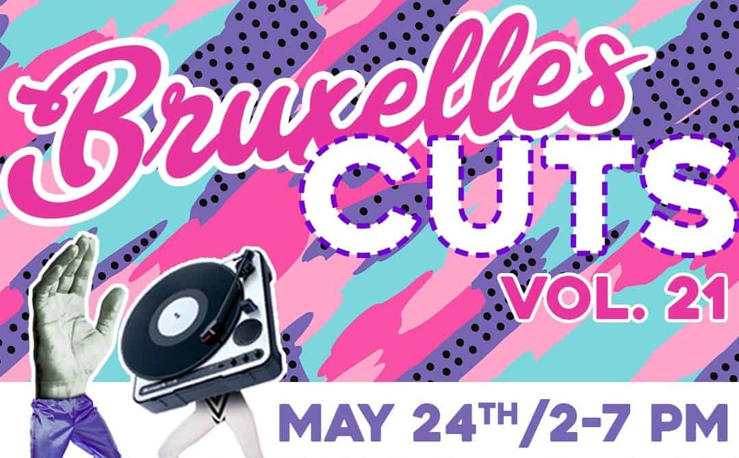 Piste de DJ avec vinyle, style graphique coloré, promotion d'une soirée musicale.